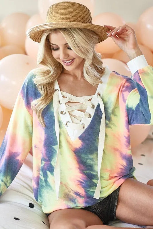Tie Dye Deep V-Neck Top with Lace Up Front 3baf19aa01e6470d8ac6e5850acab1f7-Max-Origin