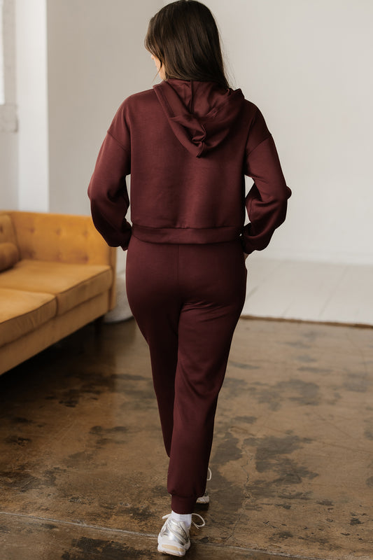 Chicory Coffee Button Drawstring Cropped Hoodie Jogger 2pcs Set