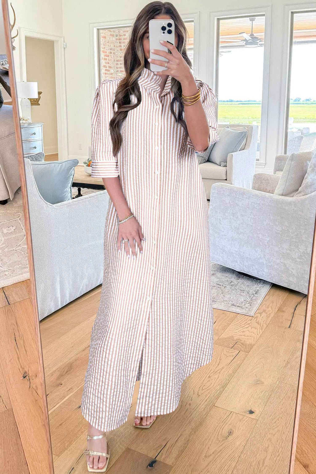 Khaki Stripe Frilled Collar Half Sleeve Shirt Maxi Dress 3bba2c4193ec1ca7