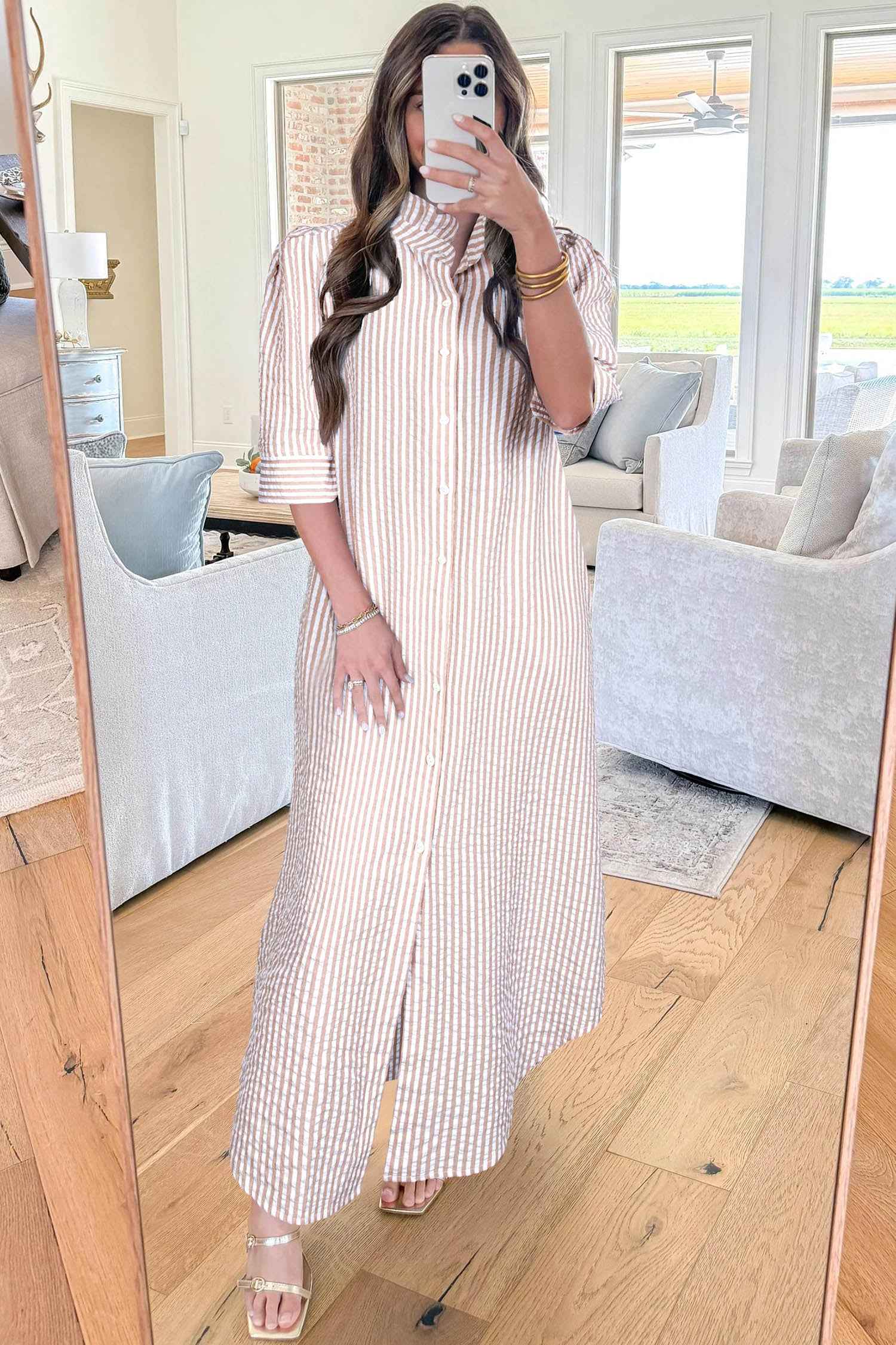 Khaki Stripe Frilled Collar Half Sleeve Shirt Maxi Dress 3bba2c4193ec1ca7