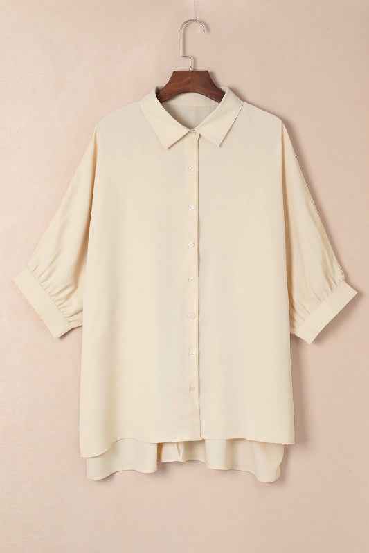Solid 3/4 Puff Sleeve Oversize Shirt 3bbd3445-059d-440d-9cac-7842d776cb7f