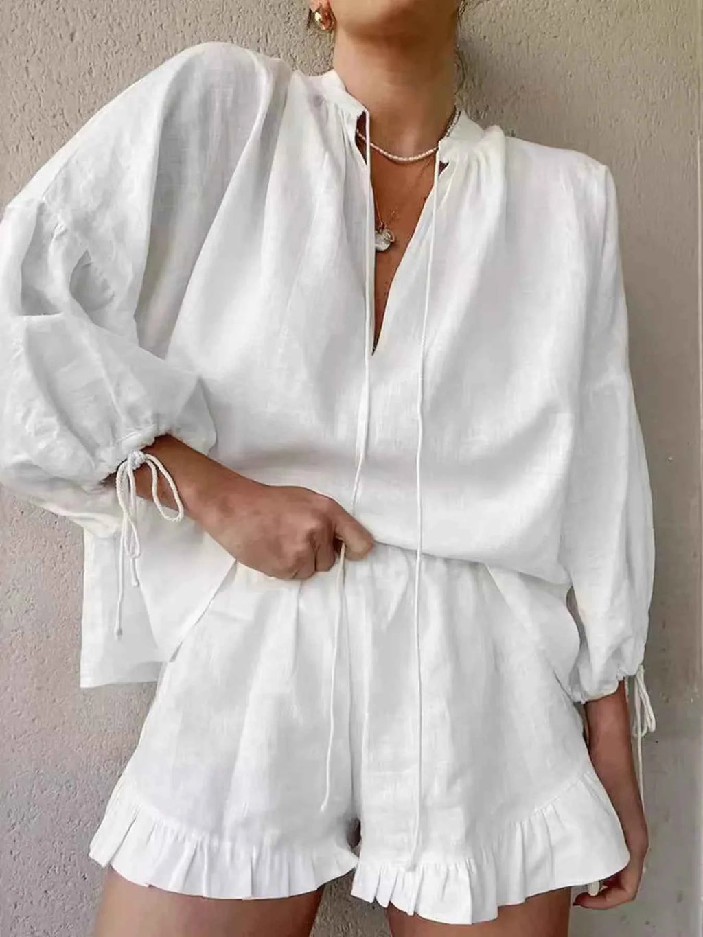Tie Neck Balloon Sleeve Blouse and Shorts Set 3bc2e0a08b6d4c718004128dffeb69e6-Max-Origin
