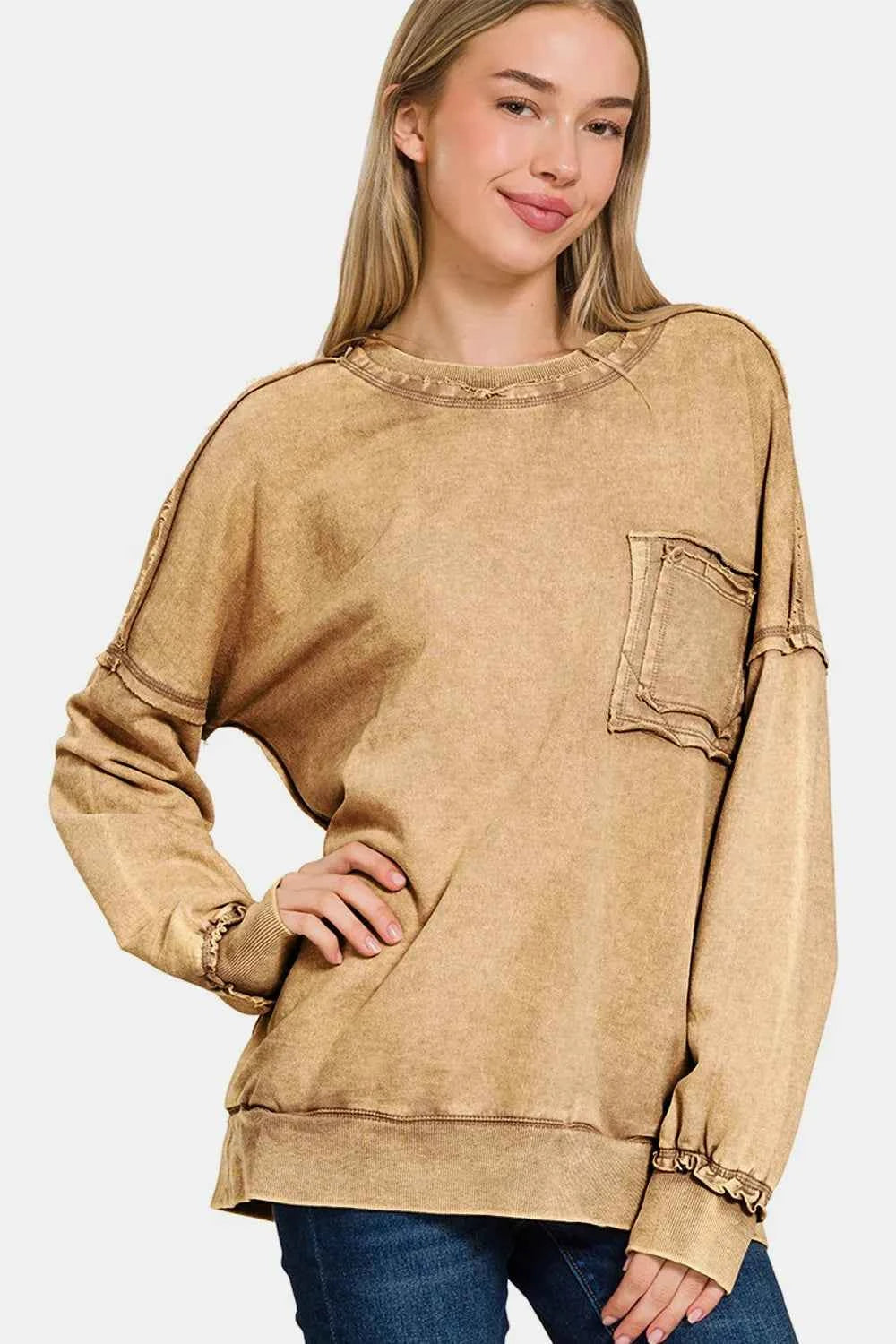Zenana Exposed Seam Round Neck Dropped Shoulder Sweatshirt 3bc3f259-4dbb-48ac-99d4-a0c14e2339ee-Max