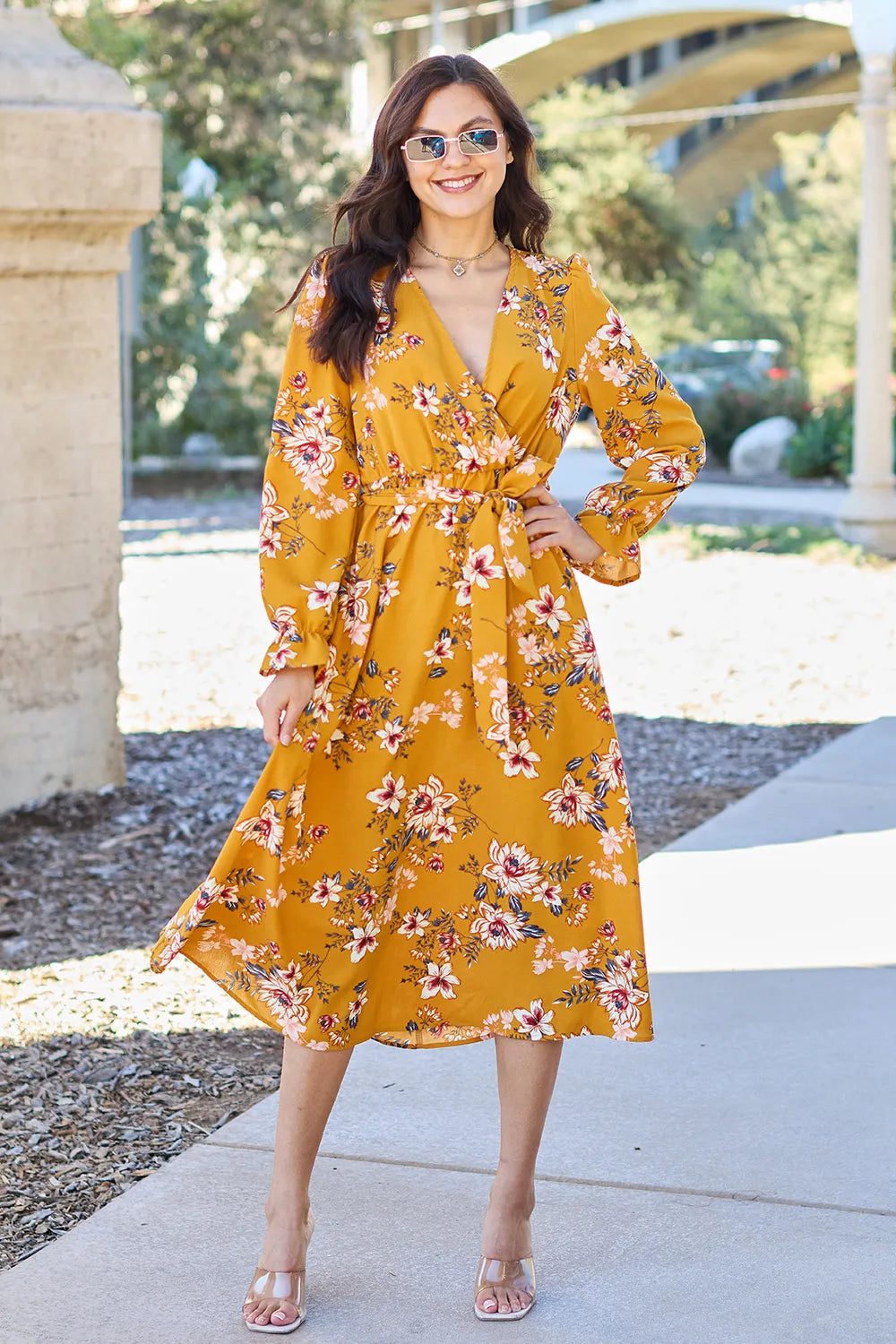 Double Take Full Size Floral Tie Back Flounce Sleeve Dress Caramel 3bc74c72ded547caa6de3b9eecc9de4f-Max