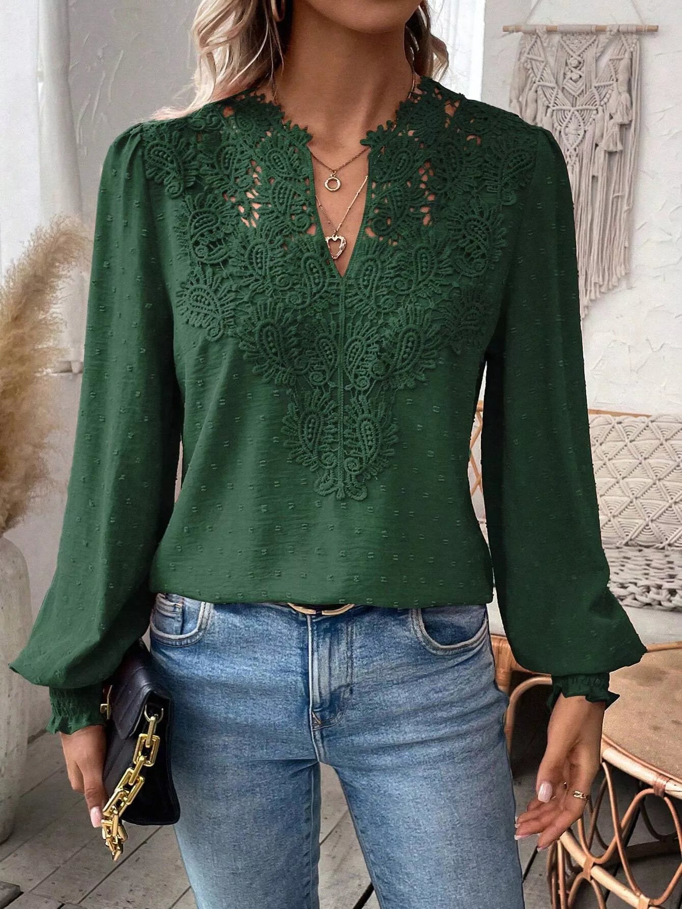 Swiss Dot Lace Detail Long Sleeve Blouse Black Forest 3bcca1c4-bb80-4ab5-8e87-10c64b2b2f5d-Max-Origin