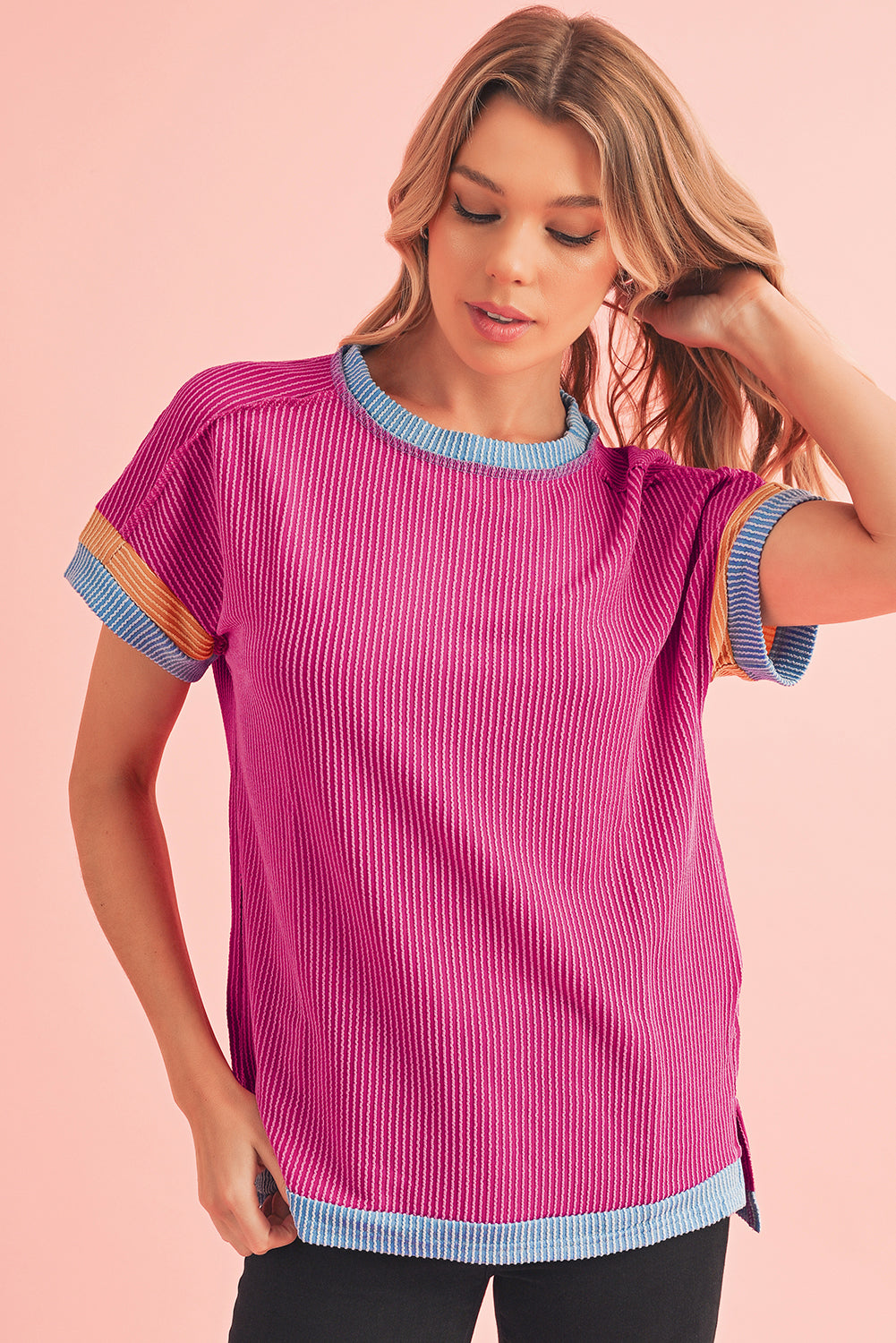 Rose Red Textured Colorblock Round Neck T Shirt 3bcf36b6339d26b8