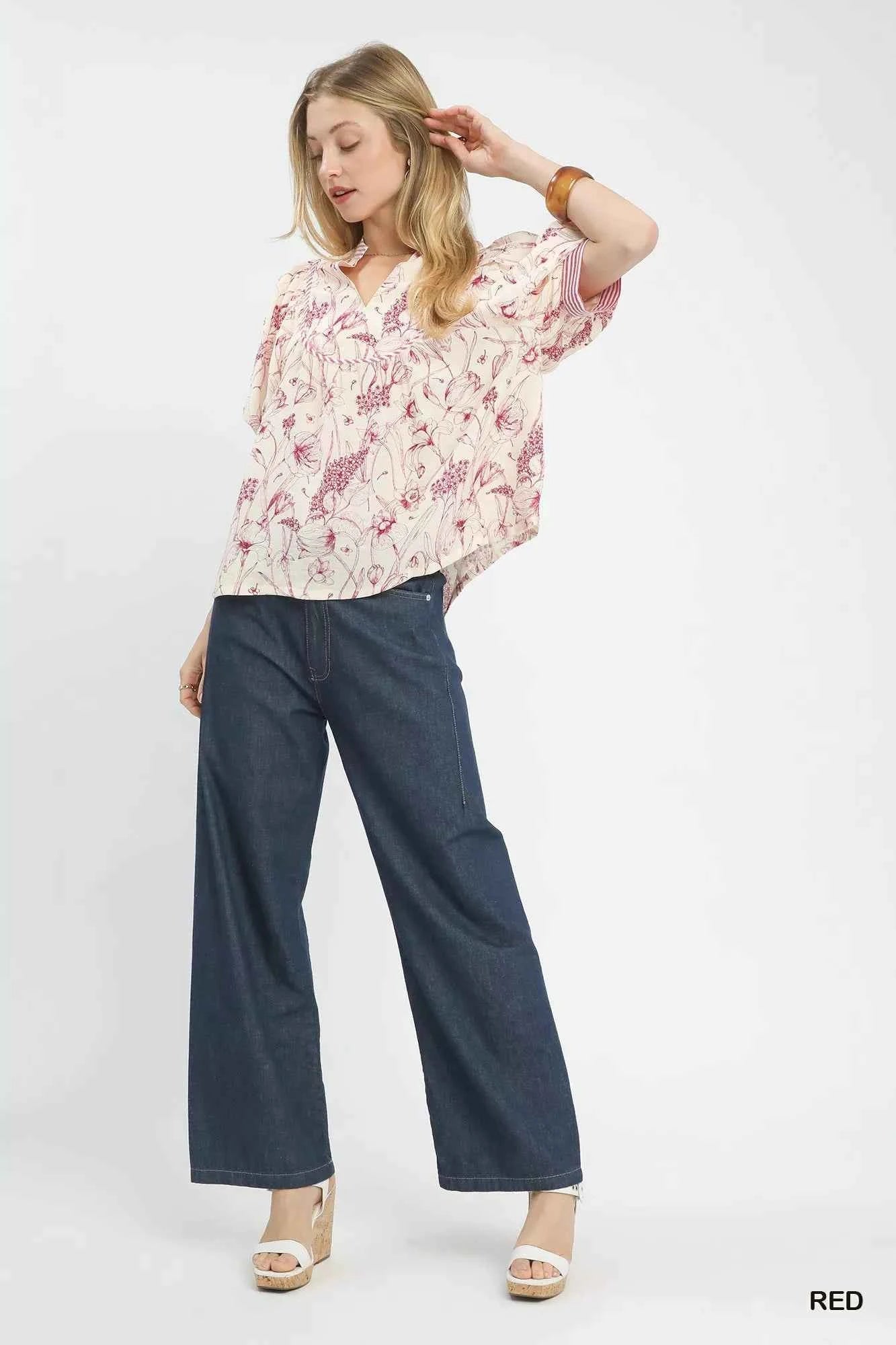 Mixed Print Puff Sleeve Split Neck Top 3bcfaa79-4d99-4569-a7ff-5dc400ade979-Max-Origin