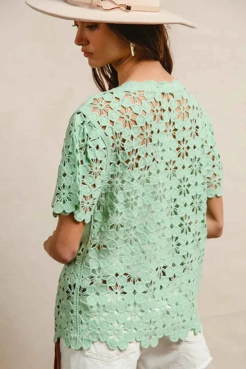 BiBi Openwork Crochet Short Sleeve Knit Top 3bd5cd26990d402cb65ae4a253011114-Max-Origin