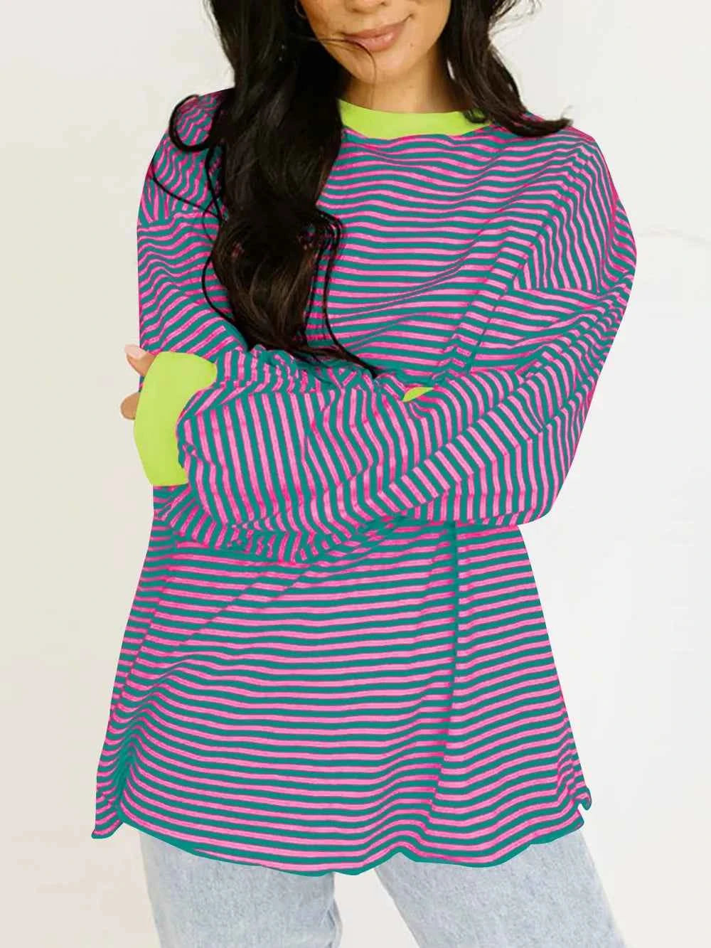 Contrast Striped Long Sleeve Sweatshirt Red-Violet 3bd785dd-920d-4e46-88f4-c59fa74b280a-Max