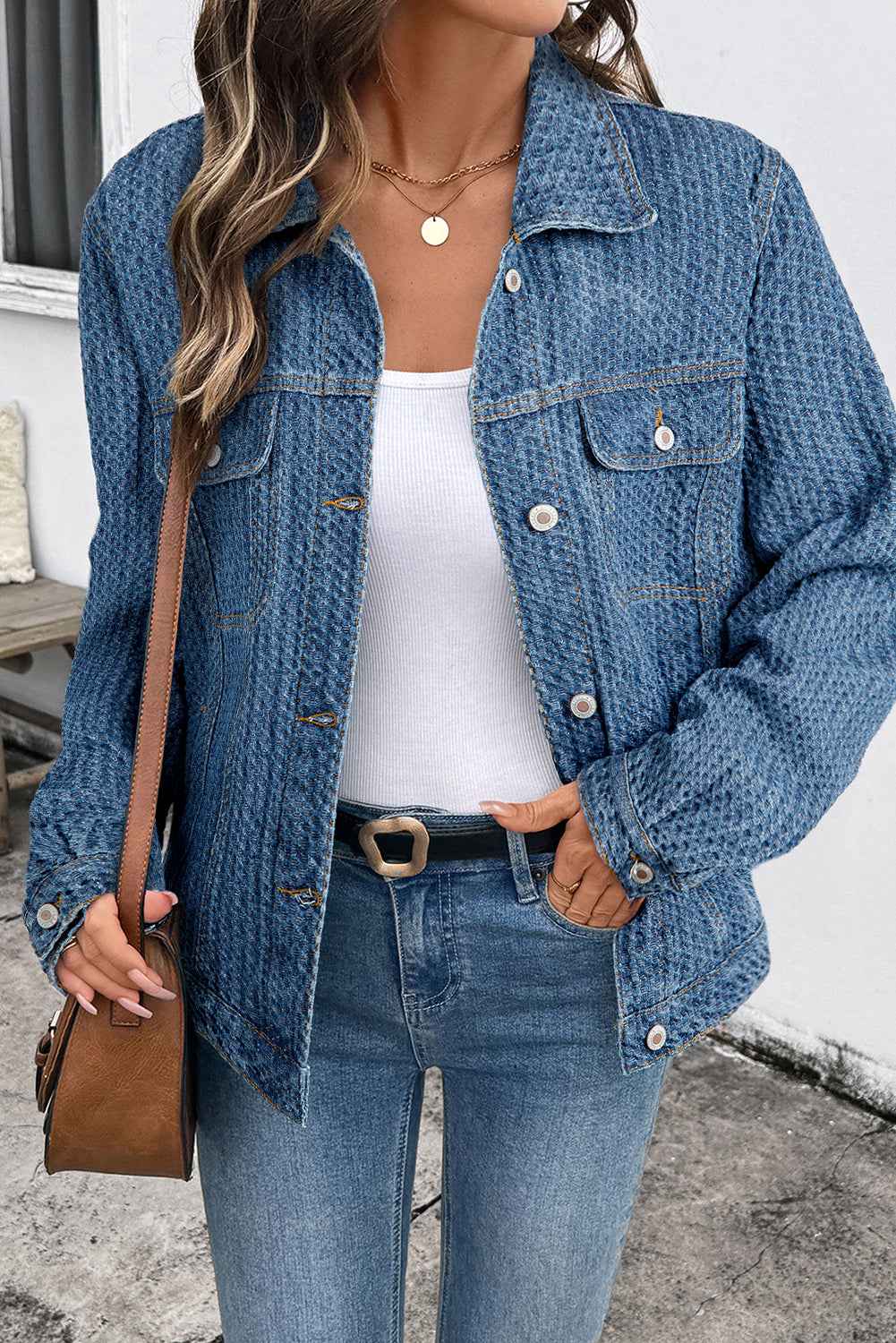 Blue Double Flap Pocket Denim Textured Button Down Jacket 3bd92bd8517febe6