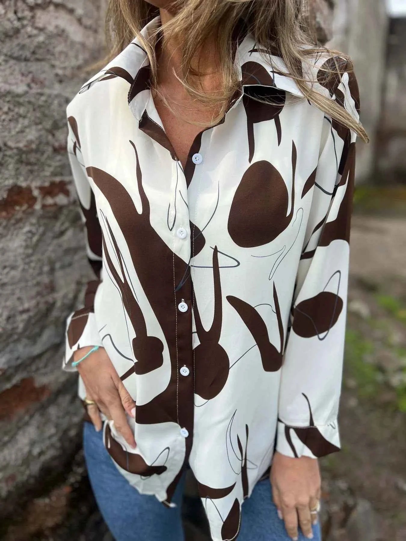 Full Size Abstract Print Long Sleeve Button-Up Shirt Plus Size