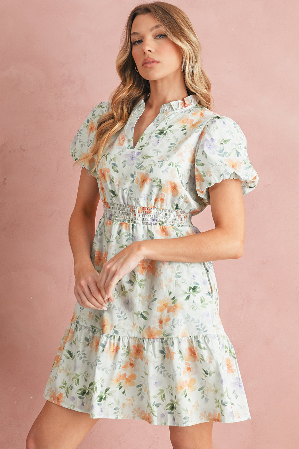 Beige Floral Print Smocked High Waist Puff Sleeve Mini Dress 3bdea3ee64b9810f