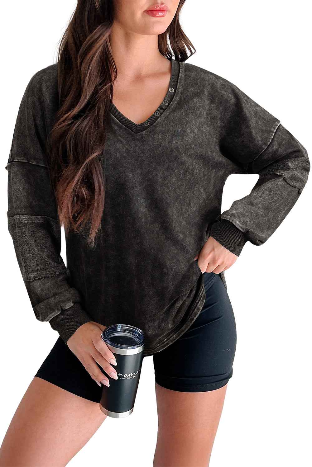Mist Blue Mineral Wash Exposed Seam Buttoned V Neck Pullover Top 3be00bc4a8fb68c0