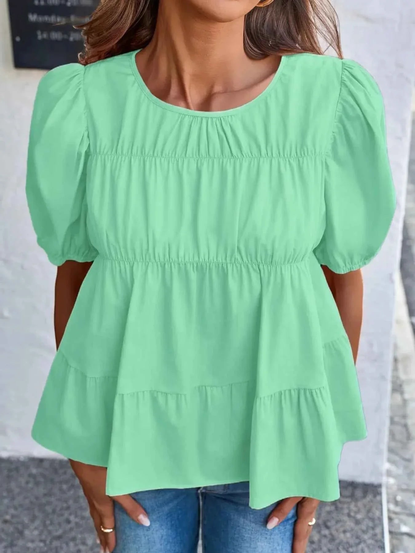 Round Neck Puff Sleeve Tiered Blouse 3bee5259-aafe-4d55-82e4-3dcb3c9475fe-Max-Origin