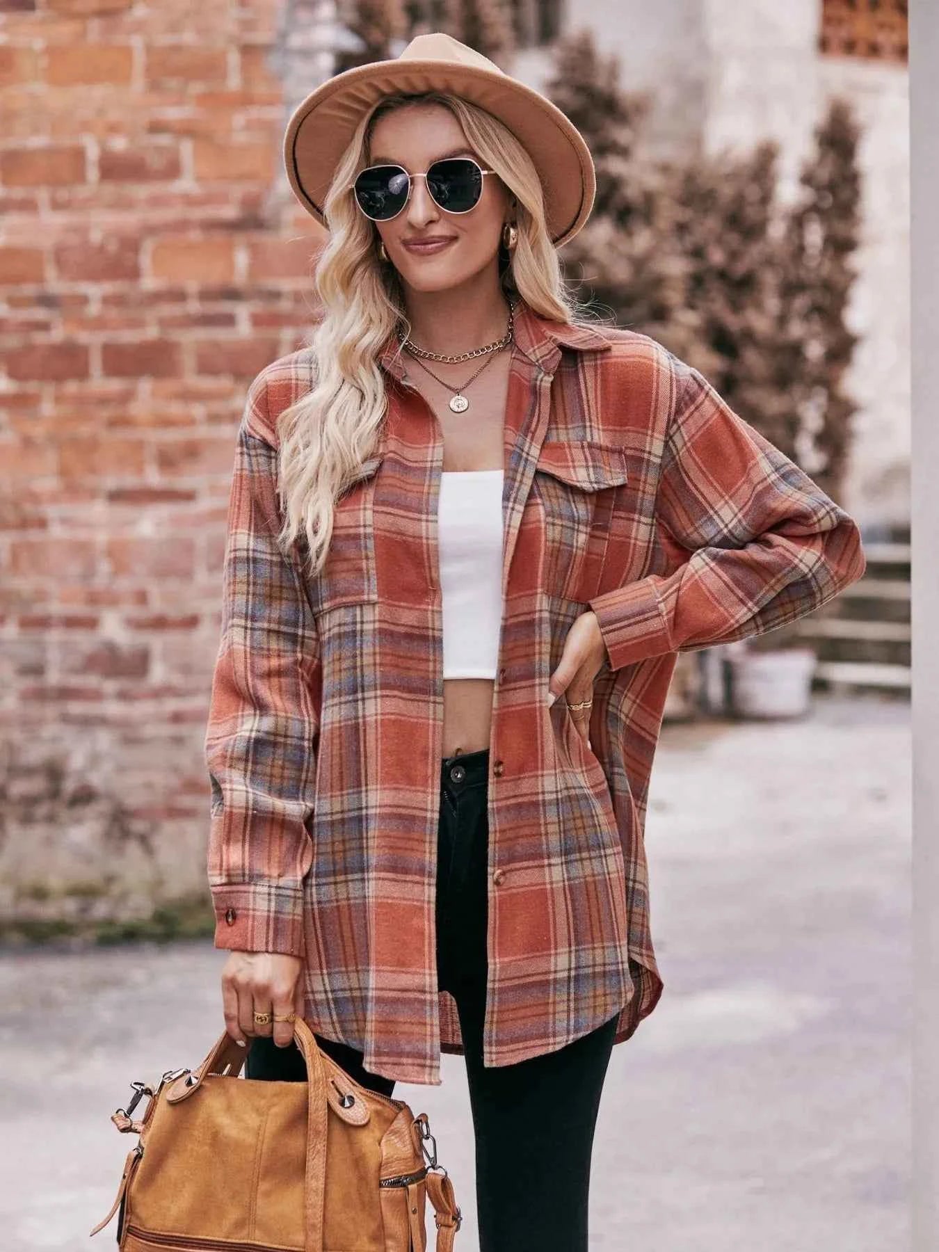 Plaid Button-Down Long Sleeve Shirt Caramel 3bee70cb8bdf4b2ab57d7156d5212ed8-Max-Origin