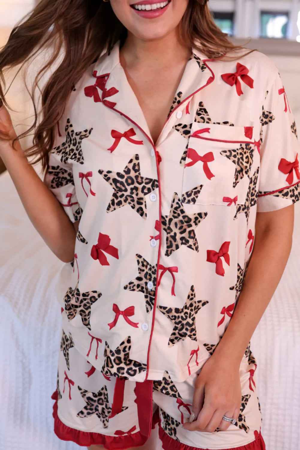 White Leopard Star Print Ruffle Trim Pajama Set White 95%Polyester+5%Elastane 3bf27a6116aa0bb3