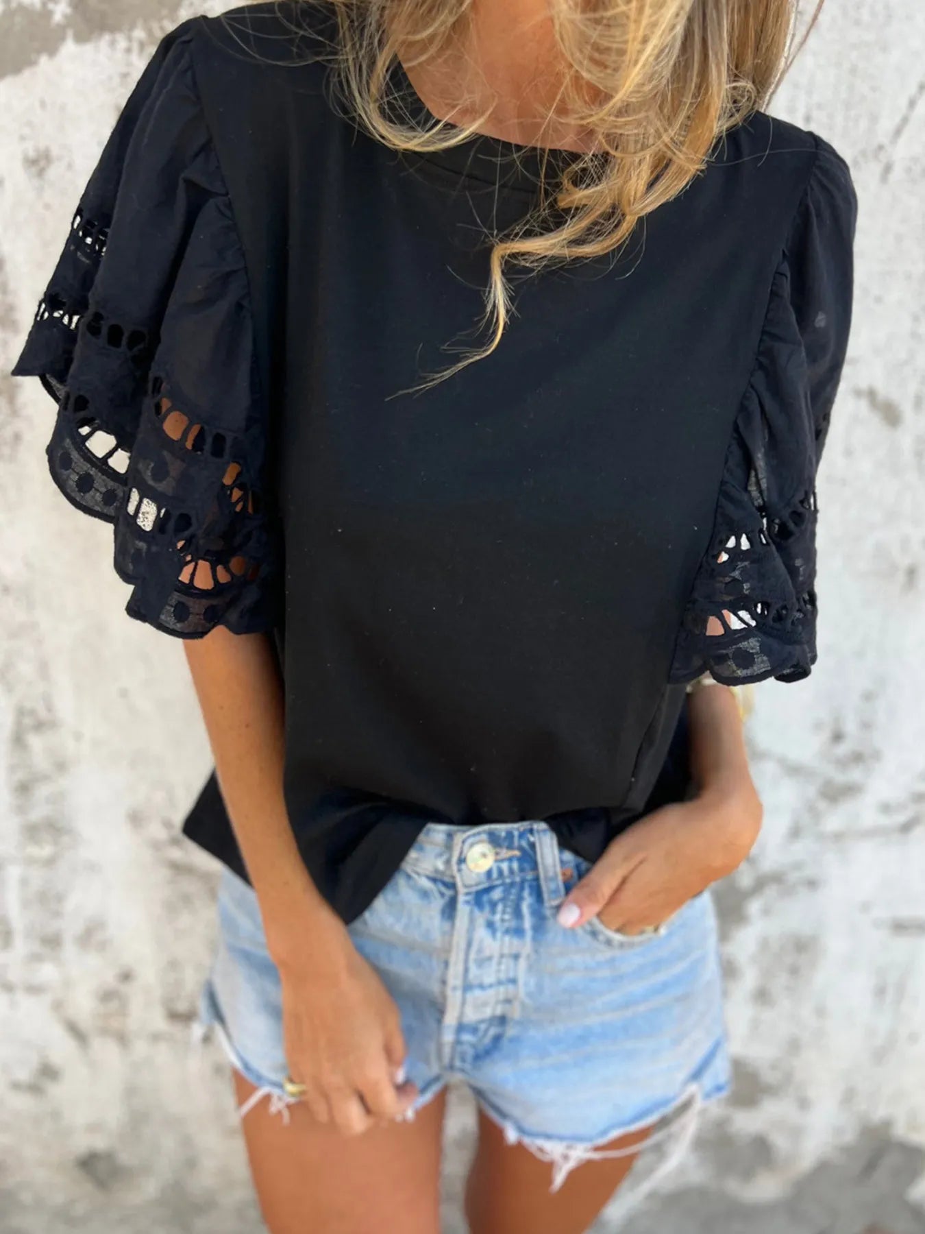 Hollow Out Sleeve Casual Blouse Black 3bf45bb4a8c641b5a659fbfadeab30e9-Max-Origin