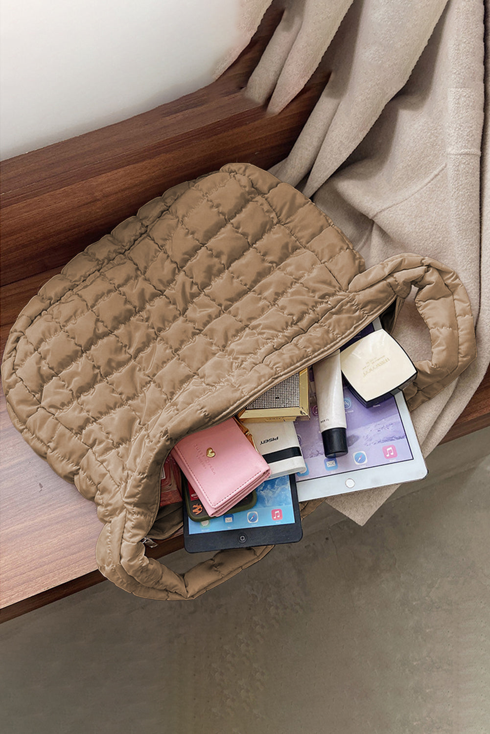 Light French Beige Quilted Zipper Large Shoulder Bag 3bf67edcff89a261