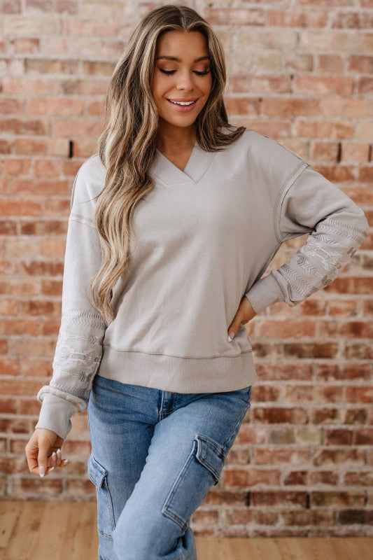 Western Aztec Embroidered Sleeve V-Neck Sweatshirt 3bf98454-e738-45d2-be09-3188997b0e6c