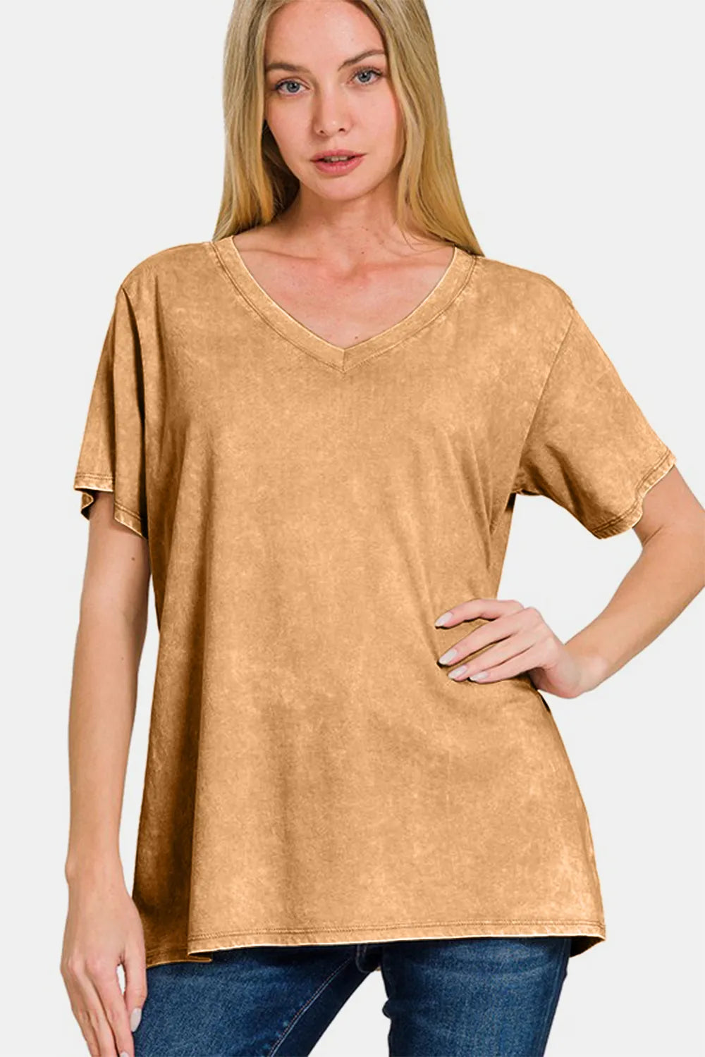 Zenana Full Size Washed Short Sleeve V-Neck T-Shirt 3bfbcfc6-f321-4032-ae18-19fe8d561c82-Max