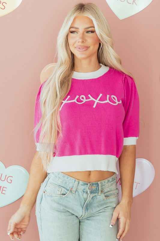 Valentine XOXO Embroidered Puff Sleeve Sweater Tee Bright Pink 3c0014fc-c389-49d8-9342-f62b2262e417
