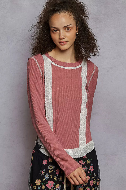 Contrast Round Neck Long Sleeve Ribbed Top with Eyelet Patch 3c032d0a-eb0f-448d-b466-50fa9c677a02-Max-Origin