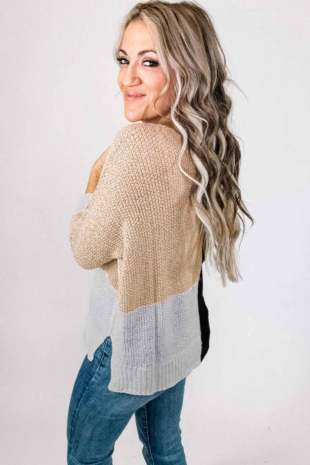 Chestnut Color Block Knit V Neck Loose Sweater 3c03675759427a60