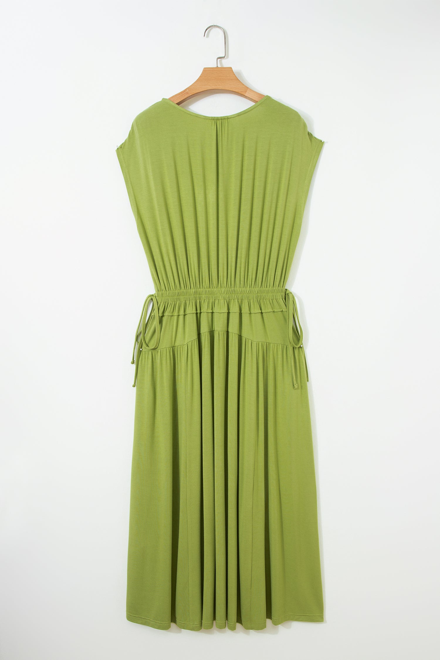 Fern Green Solid V Neck Cap Sleeve Tunic Elastic Waist Versatile Maxi Dress 3c06f951f023e921