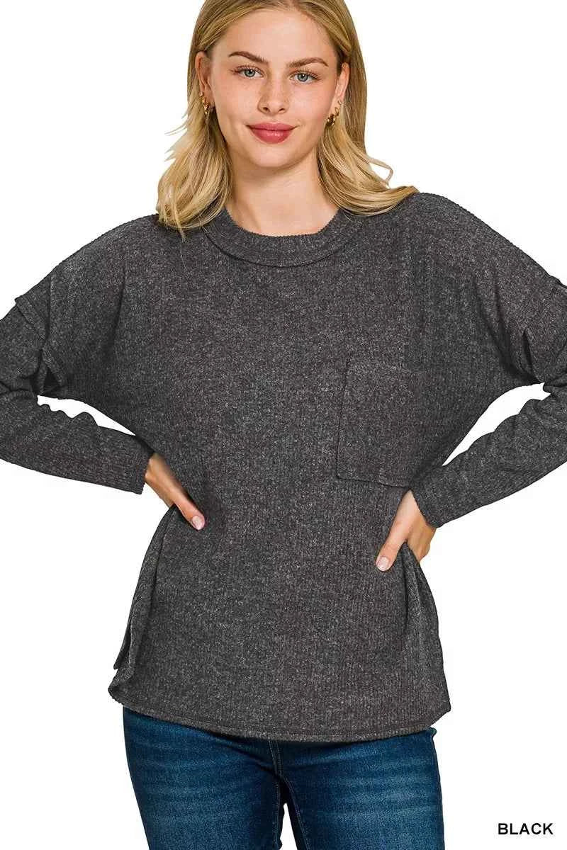 Zenana Ribbed Brushed Melange Hacci Sweater with Chest Pocket BLACK 3c084fd27b0e4471911f535cf88e8062-Max-Origin