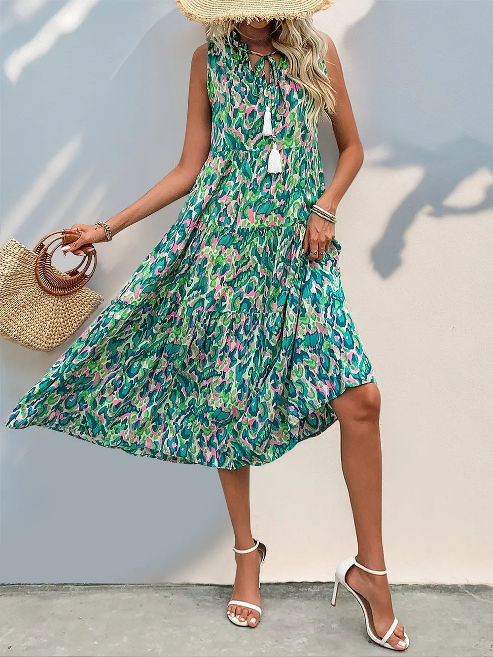 Perfee Tassel Printed Tie Neck Sleeveless Dress 3c0b929f-980a-44f0-9dd9-05e084d05d68-Max