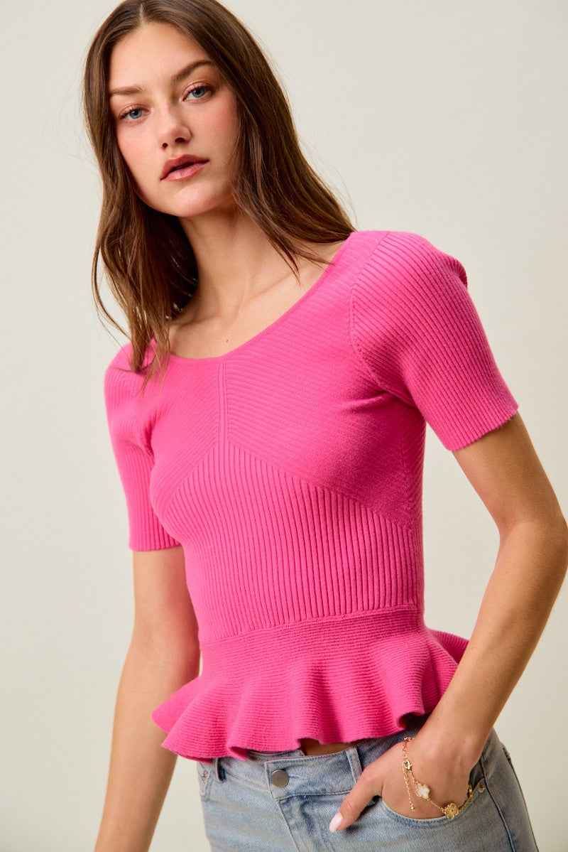 SO ME Ribbed Knit Short Sleeves Peplum Sweater Top 3c0cd1ac2c124bcc86c28c36b4f25c3f-Max