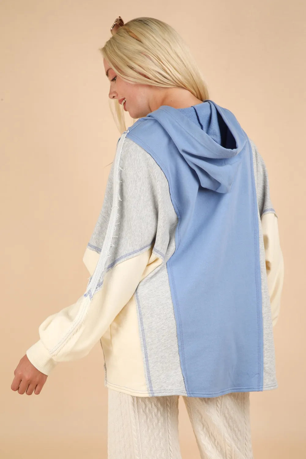 VERY J Exposed Seam Color Block Half Button Hoodie 3c101cd7-ceb1-4baa-afad-4bea7fecf4b2-Max