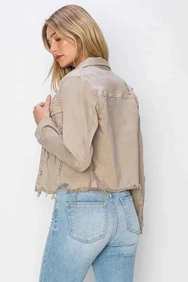 RISEN Full Size Raw Hem Button Up Cropped Denim Jacket Plus Size 3c15e70a-0af6-4689-a78f-e1ab715f696b-Max