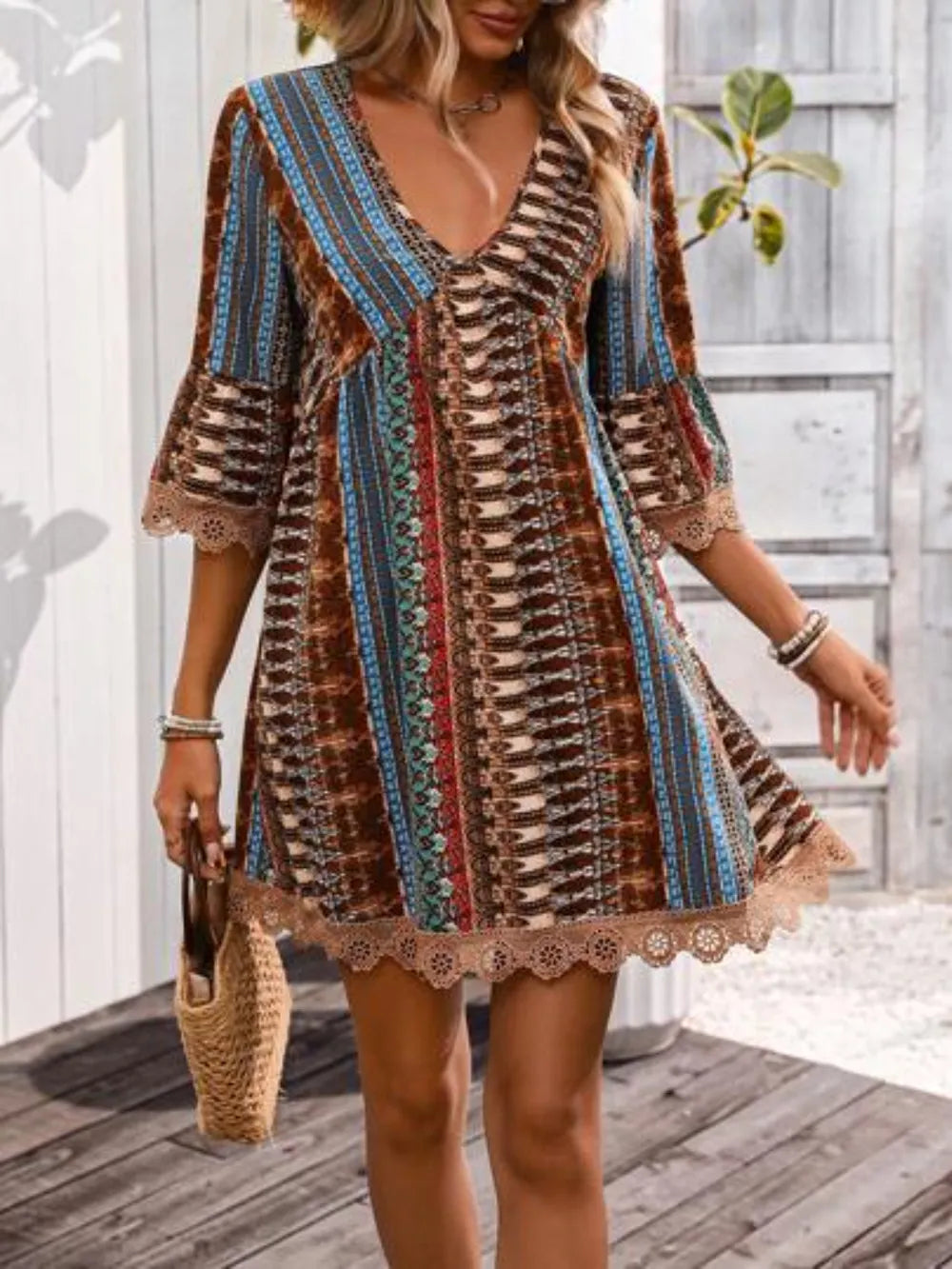 Lace Trim Printed V-Neck 3/4 Sleeve Dress 3c1f9b45-a1da-4fba-a431-d3e397300e47-Max