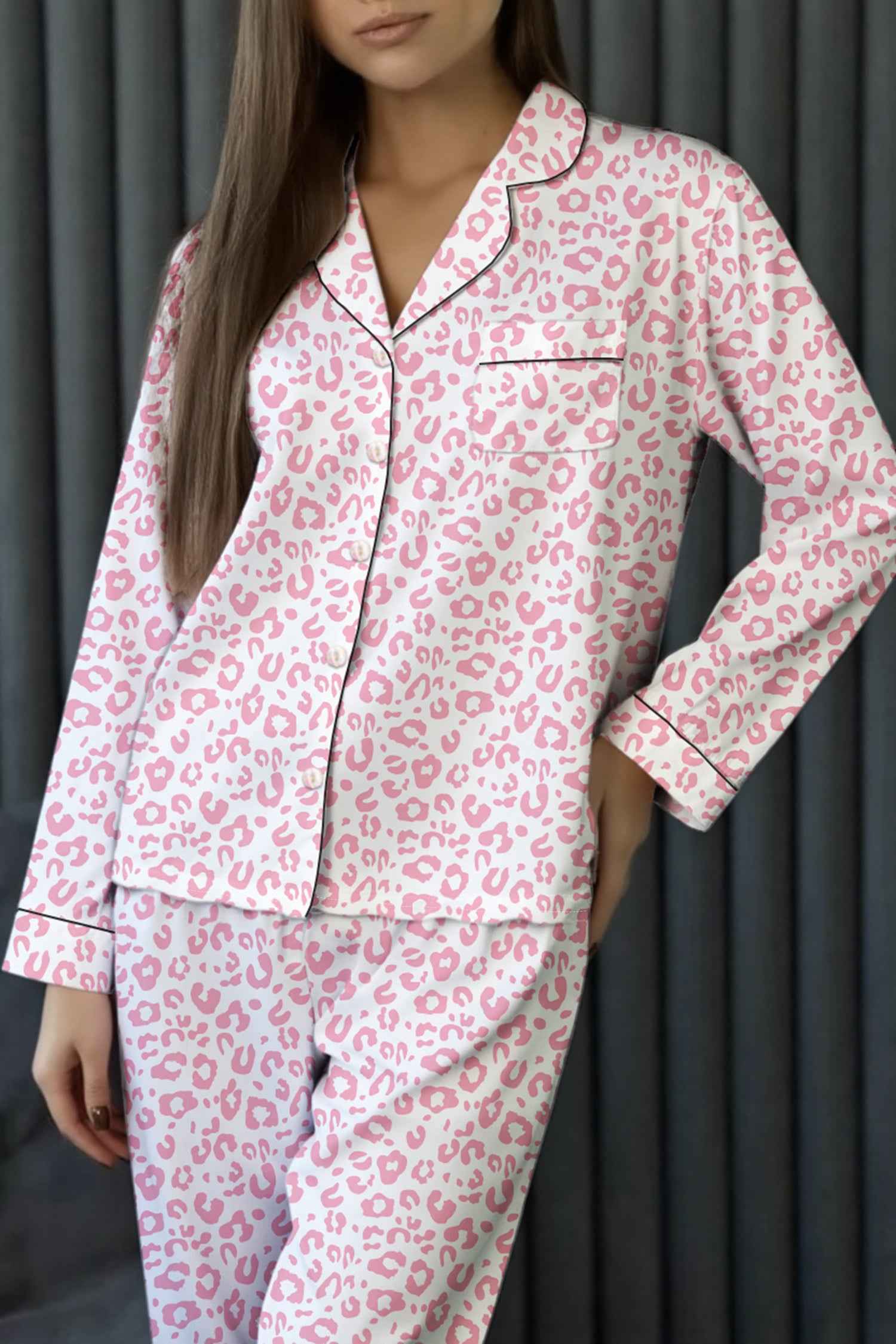 Pink Leopard Print Long Sleeve High Waist Pajama Set Pink 100%Viscose 3c20490136f066dc