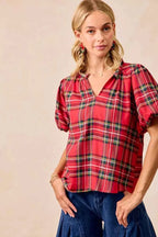 BiBi Christmas Plaid Short Sleeves Ruffled Blouse 3c214ead617a4257afd0b307b548fe55-Max-Origin
