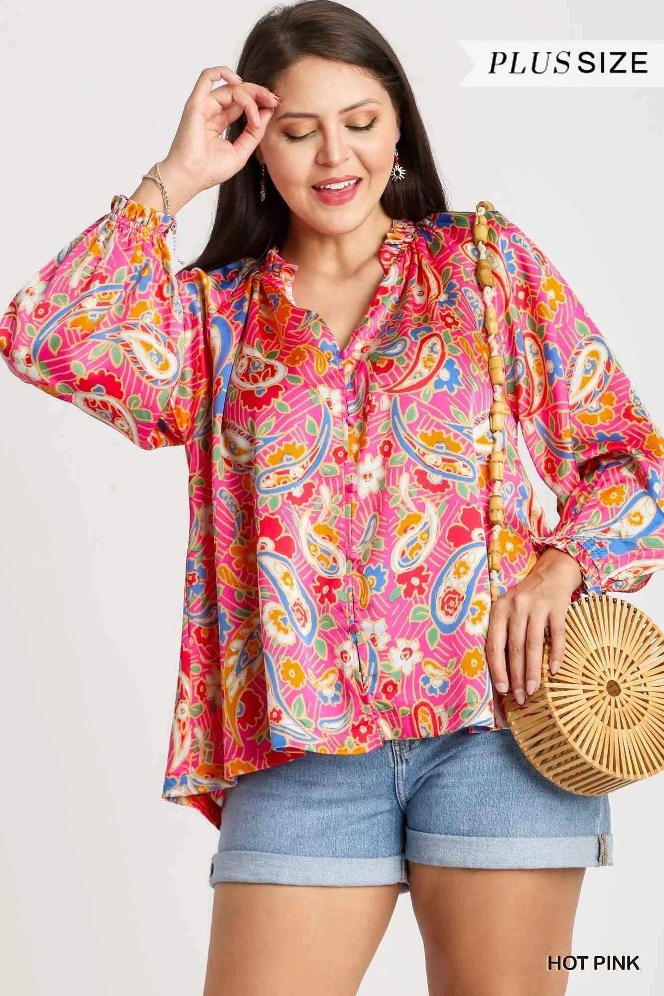 Umgee Full Size Satin Paisley Ruffle Neck Button-Up Shirt Plus Size 3c2633b3-0a38-4f62-8428-e1ffb55345f7-Max-Origin
