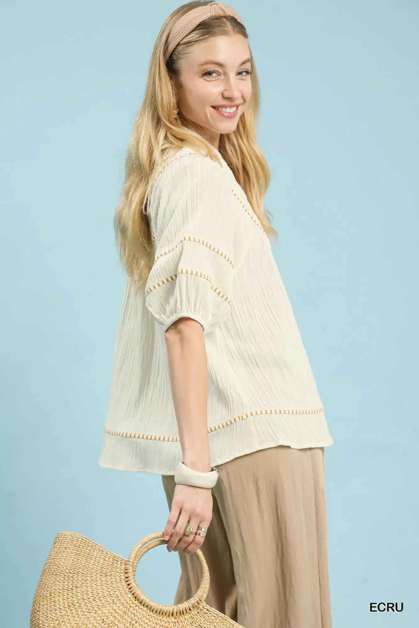 Umgee Textured Short Sleeve Top with Contrast Trim 3c2cc17f-64a7-405b-96e9-e8d2b2b380cd-Max-Origin