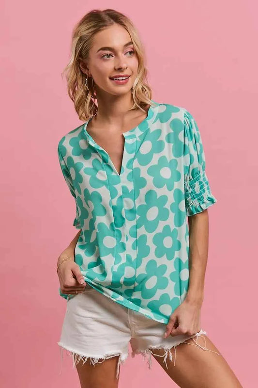 Flower Printed Woven Smocking Sleeves V Neck Top 3c2d8c0da1fc45a09aa1b2e7ec6907f9-Max-Origin
