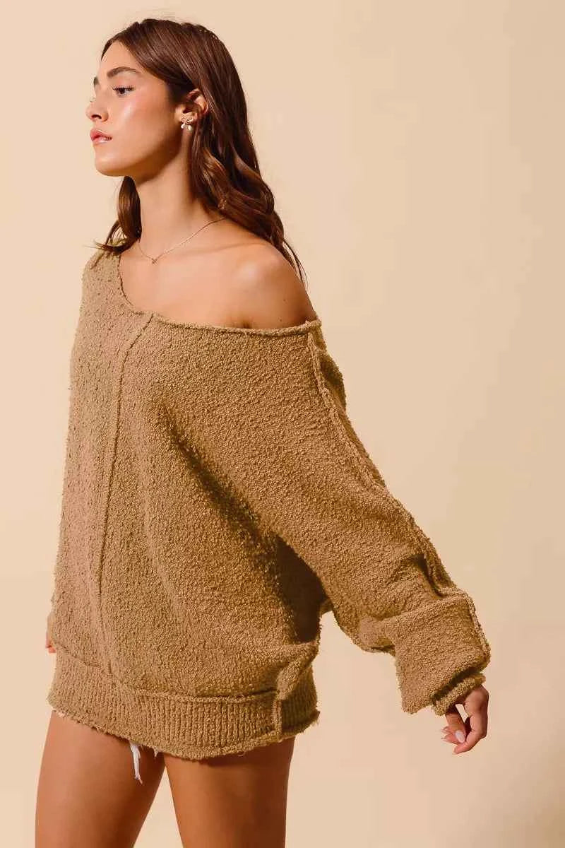 SO ME Loose Fit Exposed Seam Slouchy Boucle Sweater 3c327e0883c041278fe65b0505dc5f3d-Max-Origin