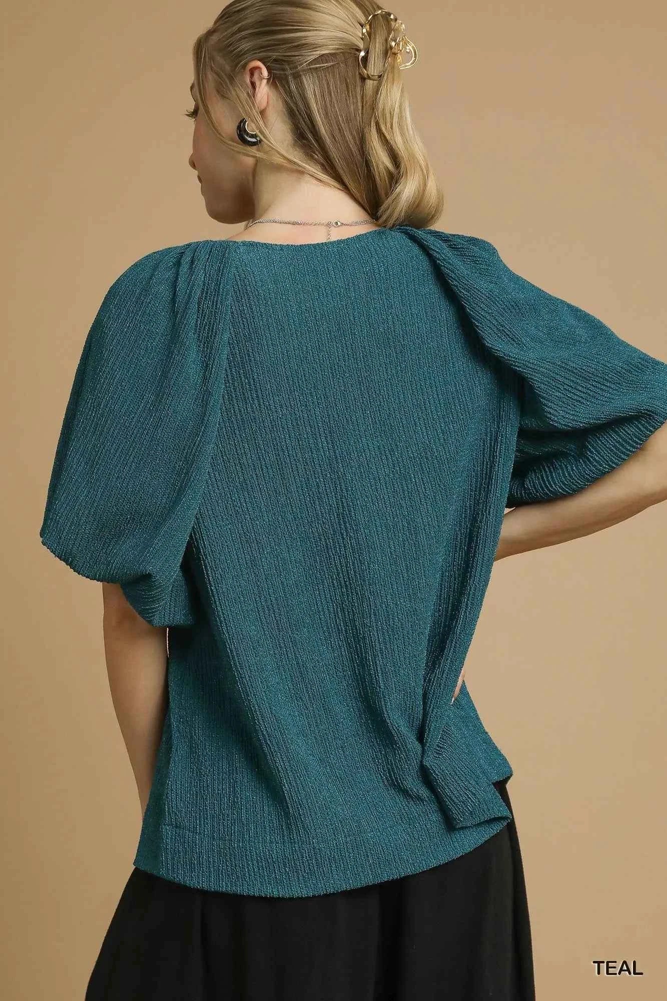 Umgee Textured Flutter Sleeve Notch Neck Top 3c35a045-cdff-401a-afc3-a1775b729da1-Max-Origin
