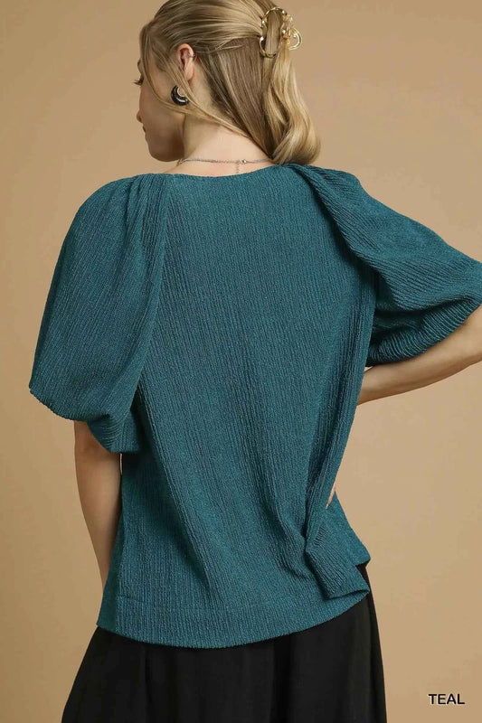 Textured Flutter Sleeve Notch Neck Top 3c35a045-cdff-401a-afc3-a1775b729da1-Max-Origin