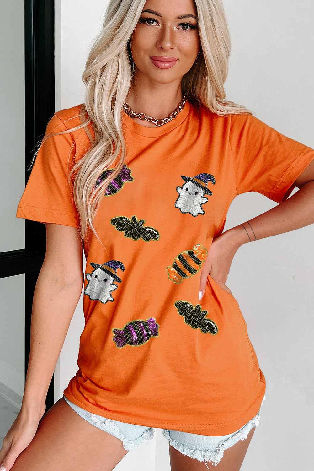 Black Halloween Spirit Pattern Sequins Patch Custom Casual Tee Orange 62%Polyester+32%Cotton+6%Elastane 3c35de8e6a2205b8