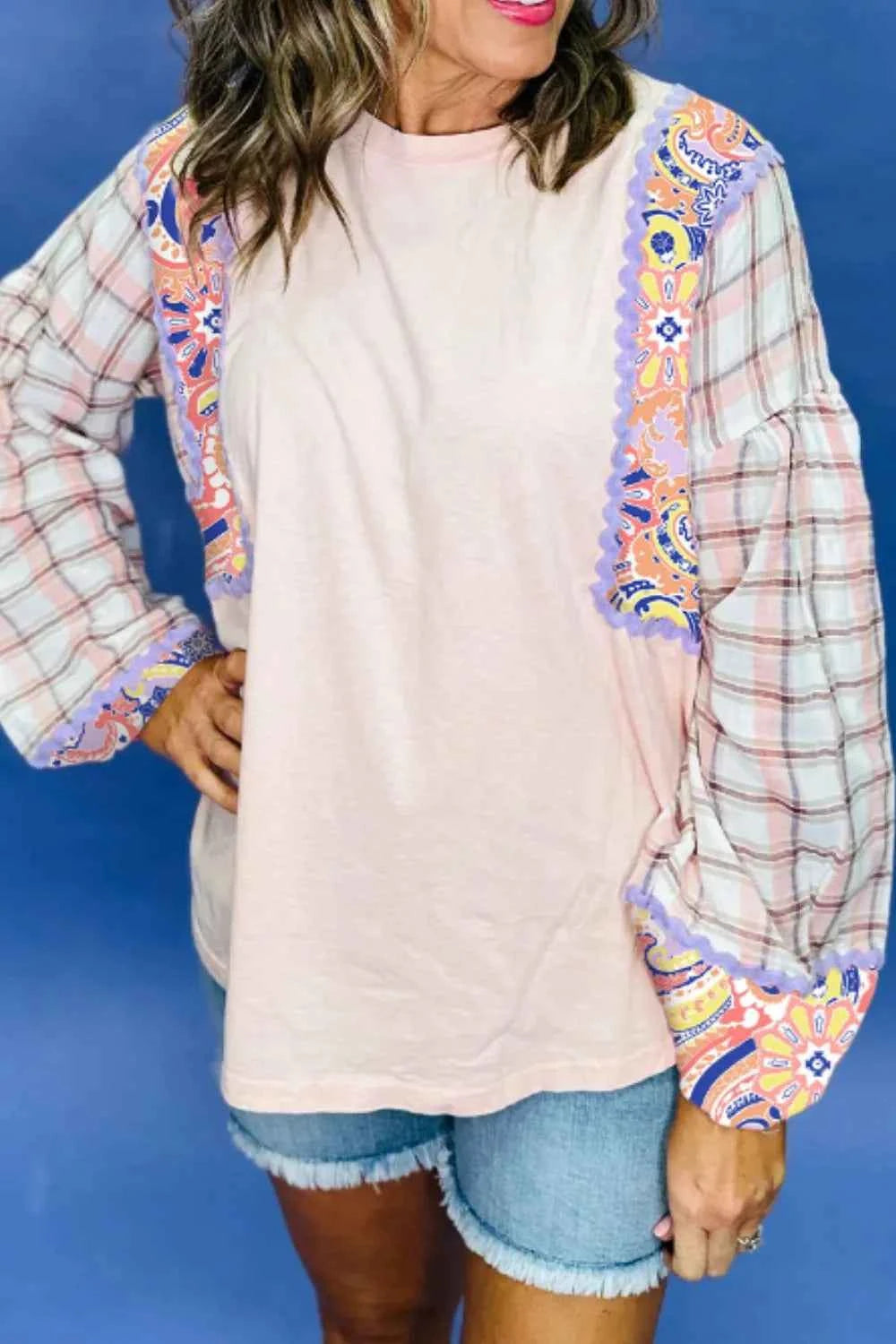 Paisley Print Plaid Long Sleeve Oversized Top Blush Pink 3c37588d-2c4b-4138-9adc-9b65a6da1b58-Max-Origin