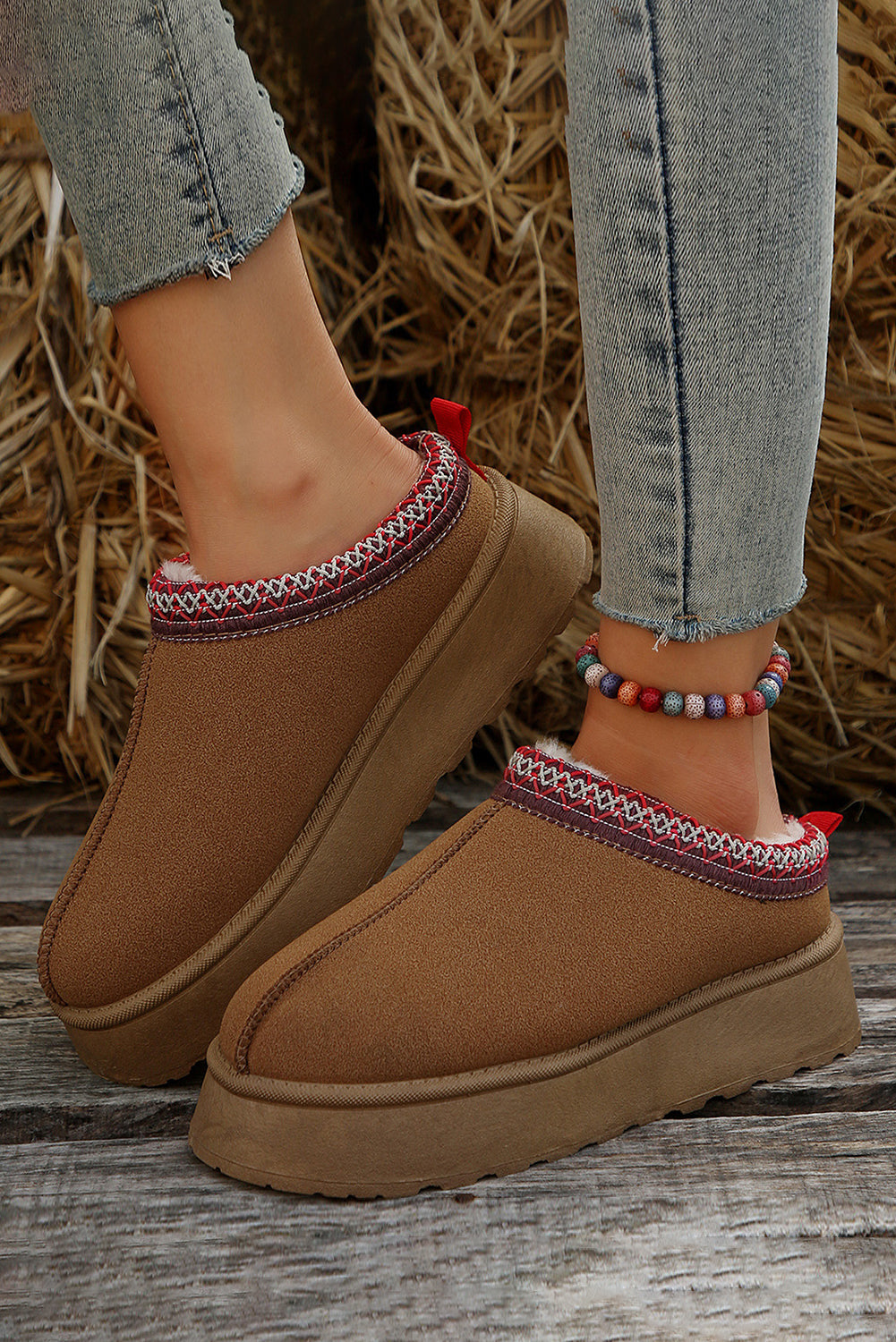 Chestnut Suede Contrast Print Round Toe Plush Lined Flats 3c39eeb749d6c36c