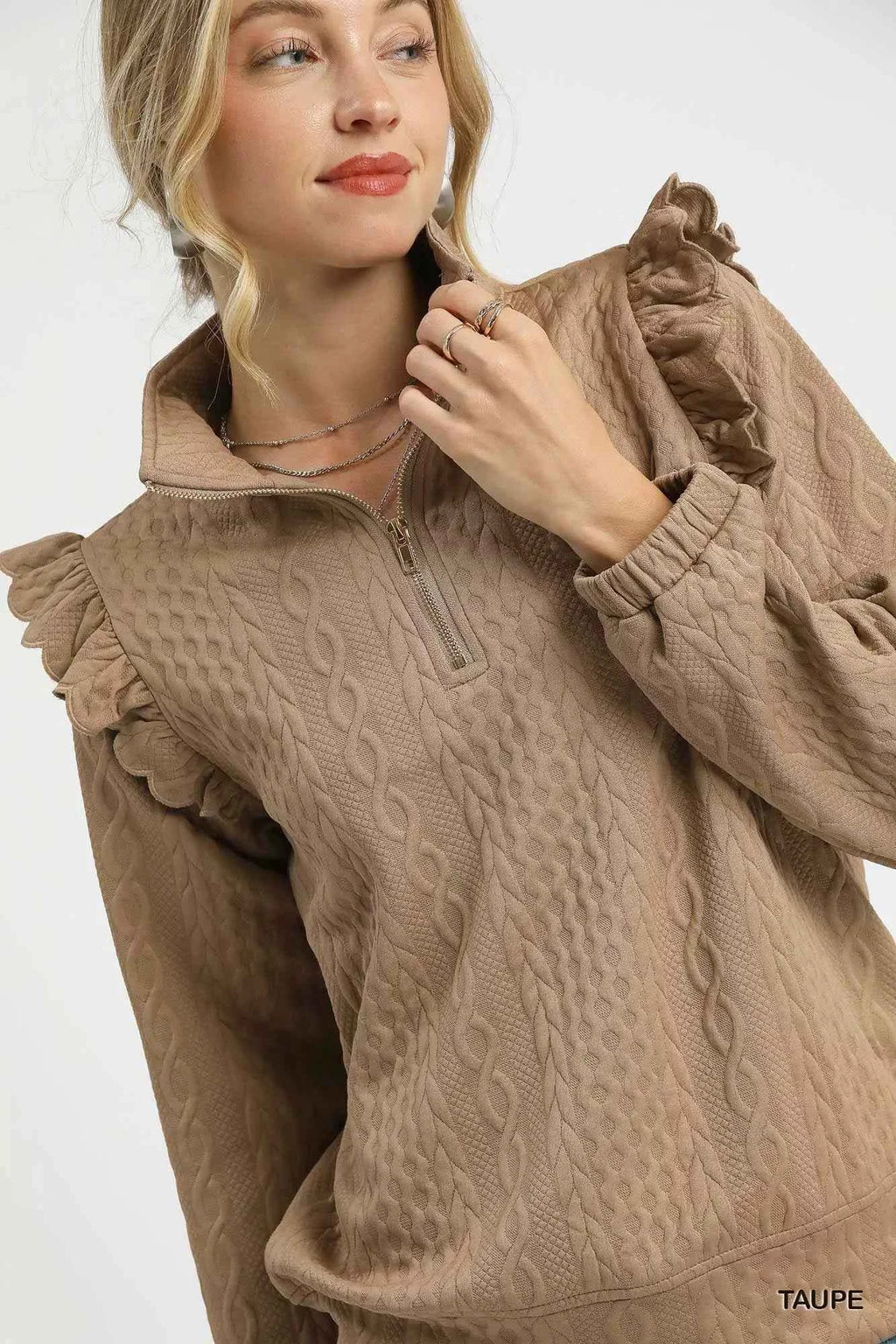 Umgee Cable Knit Textured Pullover with Ruffle Shoulders 3c419945-02cb-4828-8f63-876fc1ab5996-Max-Origin