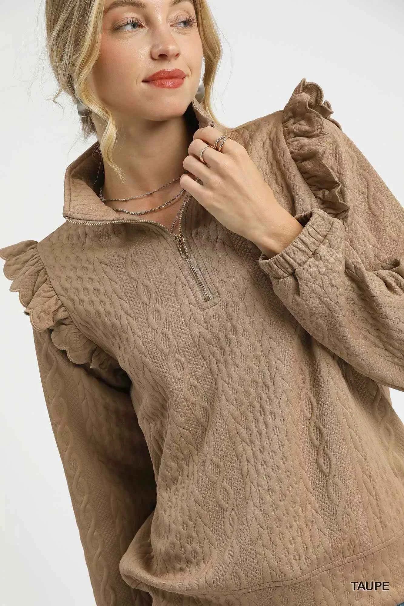 Umgee Cable Knit Textured Pullover with Ruffle Shoulders 3c419945-02cb-4828-8f63-876fc1ab5996-Max-Origin