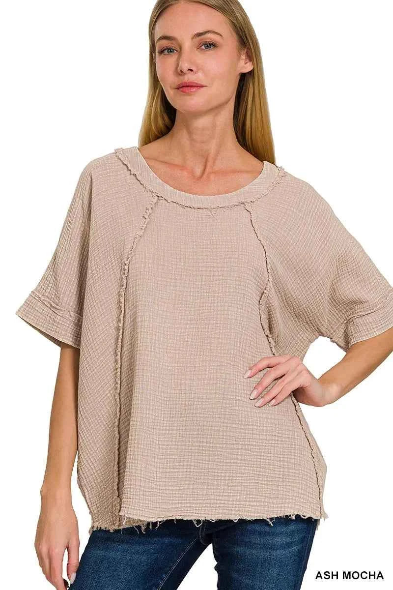 Zenana Washed Double Gauze Exposed Seam Short Sleeve Top ASH MOCHA 3c4ebf0070384e4abc5ac9b40cf9ecb0-Max-Origin