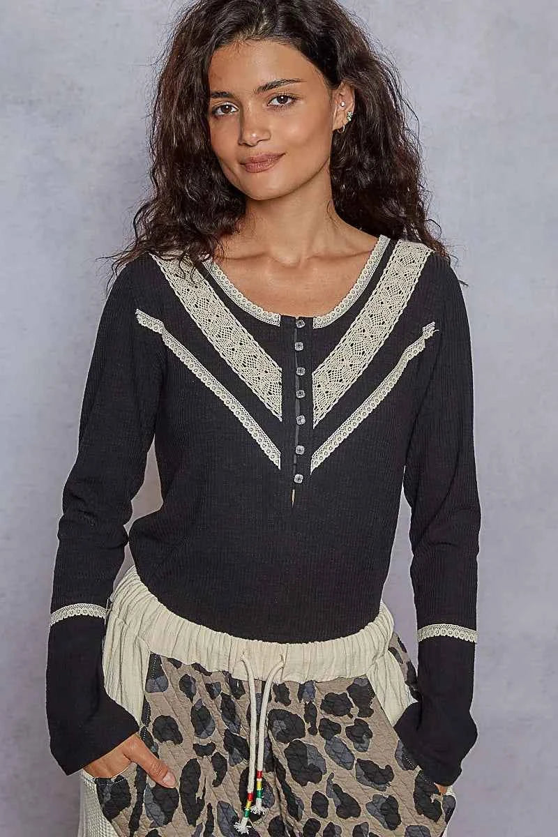 POL Ribbed Half Button Lace Detail Knit Top Black 3c51c39a-a8d9-4dcd-88e4-973969b41f88-Max-Origin
