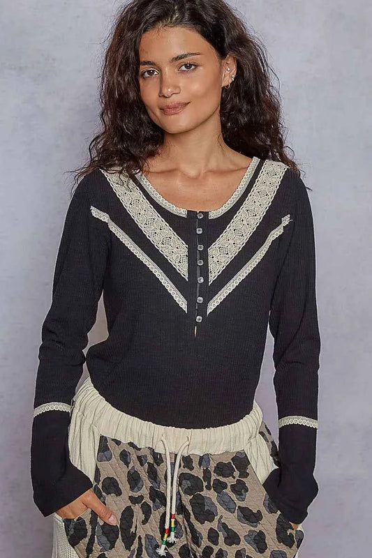 Ribbed Half Button Lace Detail Knit Top Black 3c51c39a-a8d9-4dcd-88e4-973969b41f88-Max-Origin